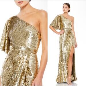 Mac Duggal Gold Sequin One-Shoulder Dress
